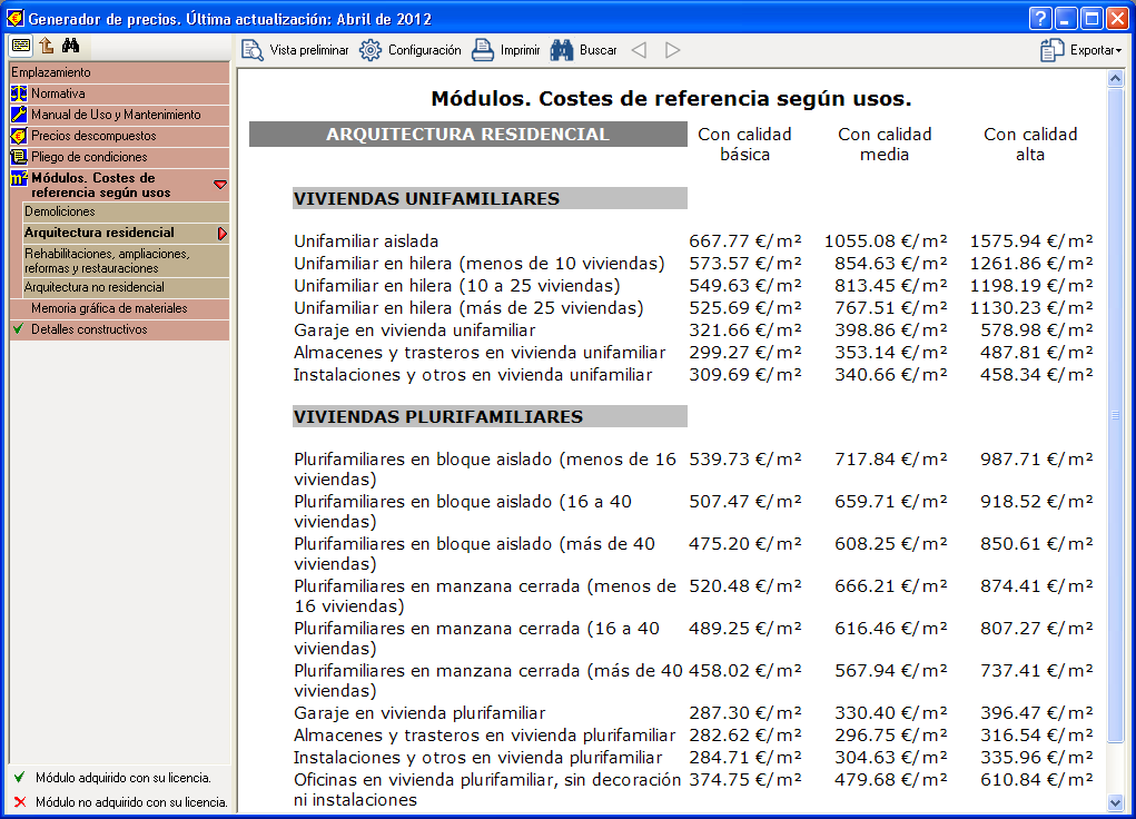 Generador de precios. Costes de referencia para arquitectura residencial